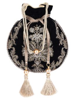 MasQ - Women's Velvet Black Antique Flower Embroidered Potli Bag