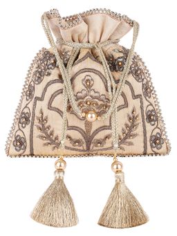 MasQ - Women's Silk Beige Taj Embroidered Potli Bag