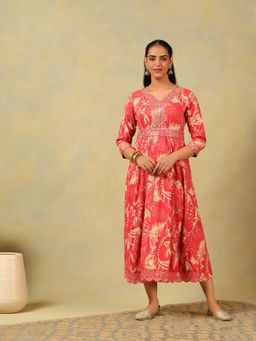 Mamicha - Red Anvi Crimson Abstract Bloom Dress with Belt