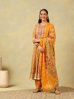 Mamicha - Amara Mustard Floral Anarkali with Pant and Dupatta