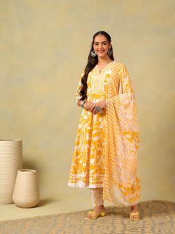 Mamicha - Yellow Jiya Radiant Abstract Anarkali with Pant and Dupatta