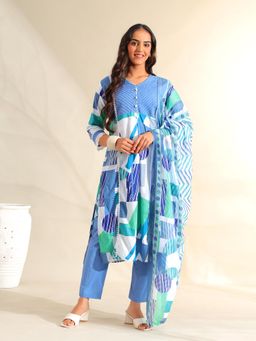 Mamicha - Blue Rhea Azure Geometric Kurta with Pant and Dupatta