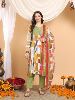 Mamicha - Navya Olive Geometric Kurta with Pant and Dupatta