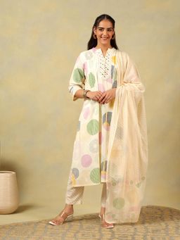 Mamicha - Cream Tara Pastel Orb Print Kurta with Pant and Dupatta