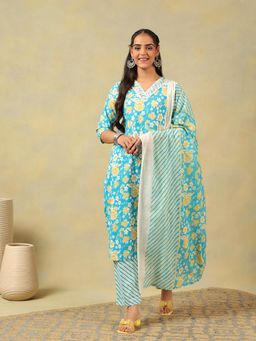 Mamicha - Myra Turquoise Sun-Bloom Kurta with Pant and Dupatta