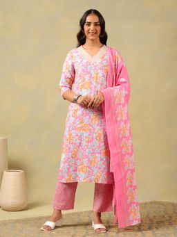 Mamicha - Pink Ishika Rose Garden Kurta with Pant and Dupatta