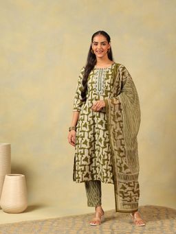 Mamicha - Vaani Olive Abstract Kurta with Pant and Dupatta