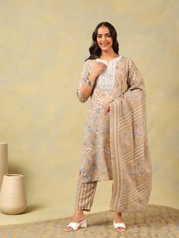 Mamicha - Aradhya Taupe Floral Kurta with Pant and Dupatta