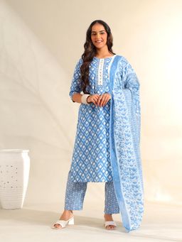 Mamicha - Blue Inara Cerulean Floral Kurta with Pant and Dupatta