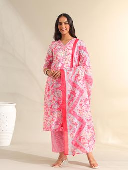 Mamicha - Pink Ahana Rosewater Floral Kurta with Pant and Dupatta