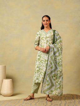 Mamicha - Navya Olive Foliage Kurta with Pant and Dupatta