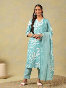 Mamicha - Blue Diya Seafoam Leaf Kurta with Pant and Dupatta
