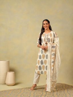 Mamicha - Cream Mihika Pine and Ochre Block Print Kurta with Pant and Dupatta