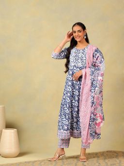 Mamicha - Myra Navy Blue Bloom Kurta with Pant and Dupatta