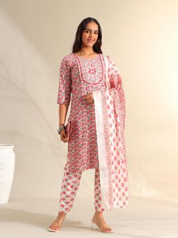 Mamicha - Pink Avni Floral Booti Block Print Kurta with Pant and Dupatta
