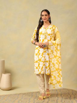 Mamicha - Nitara Mustard Lily Motif Kurta with Pant and Dupatta