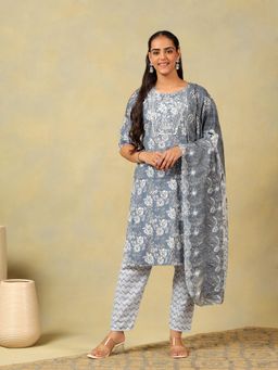 Mamicha - Grey Advika Slate Floral Bloom Kurta with Pant and Dupatta