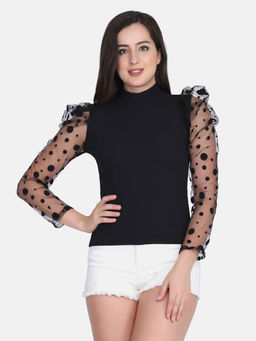 Buynewtrend - Carrera Black Polka Dot Women Net Top