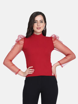 Buynewtrend - Maroon Carrera Solid Women Net Top