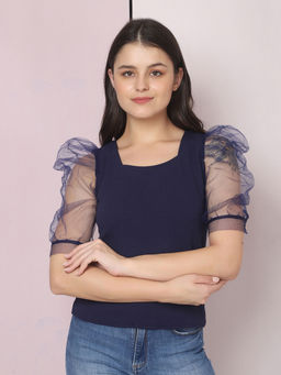 Buynewtrend - Navy Puff Sleeve Carrera Women Net Top