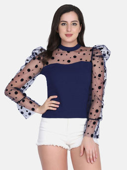Buynewtrend - Navy Carrera Polka Dot Women Net Top