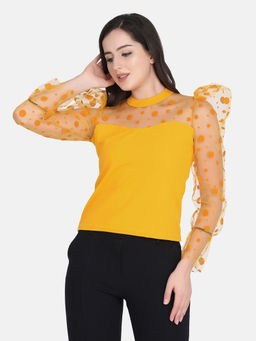 Buynewtrend - Yellow Carrera Polka Dot Women Net Top