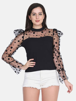 Buynewtrend - Black Carrera Polka Dot Women Net Top