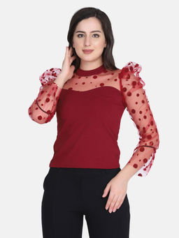 Buynewtrend - Maroon Carrera Polka Dot Women Net Top