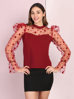 Buynewtrend - Maroon Polka Dot Puff Sleeve Net Top for Women