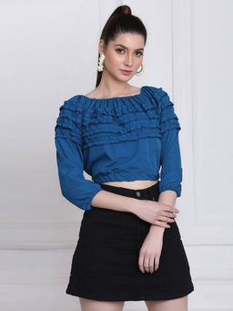 Buynewtrend - Stretchable Crepe Blue Frill Crop Top