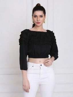 Buynewtrend - Stretchable Crepe Black Frill Crop Top