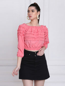 Buynewtrend - Stretchable Crepe Pink Frill Crop Top