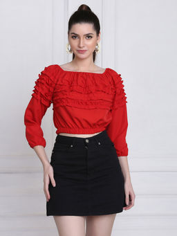 Buynewtrend - Stretchable Crepe Red Frill Crop Top