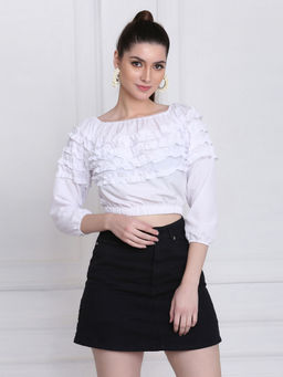 Buynewtrend - Stretchable Crepe White Frill Crop Top