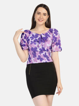 Buynewtrend - Purple Georgette Flower Print V-Neck Short Women Crop Top