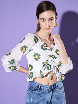 Buynewtrend - White Green Flower Printed Georgette Crop Top