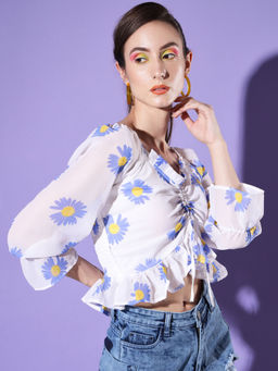 Buynewtrend - White Blue Flower Printed Georgette Crop Top