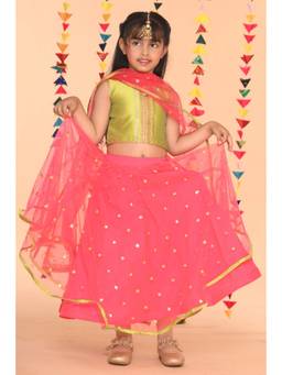SAKA DESIGNS - Neon Green And Magenta Lehenga Choli With Sequenced Work (Set of 3)
