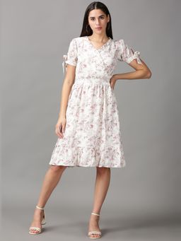 SHOWOFFFF - Womens V-Neck Knee Length Cream Beige Floral Dress