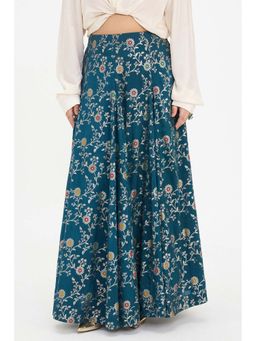 Virgio - Teal Viscose Brocade Flared Plus Size Maxi Skirt