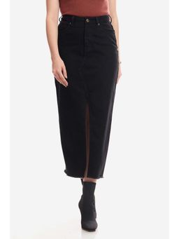 Virgio - Black Solid Cotton Denim Midi Skirt