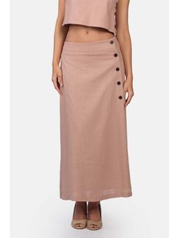 Virgio - Pink Solid Linen A-Line Fit Side Slit Midi Skirt