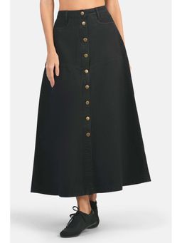 Virgio - Black Solid Cotton Denim A-Line Midi Skirt