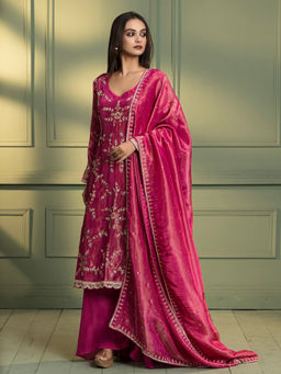 PARASMANI DESIGN STUDIO - Dark Pink Floral Embroidered Kurta And Sharara With Dupatta