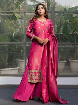 PARASMANI DESIGN STUDIO - Fuchsia Pink Embroidered Silk Kurta And Sharara With Dupatta