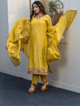 PARASMANI DESIGN STUDIO - Sunshine Yellow Embroidered Kurta And Pant With Dupatta
