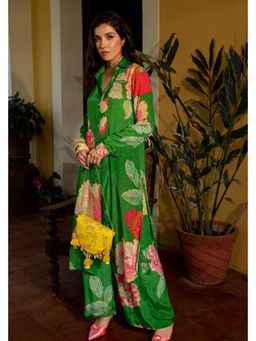 Paulmi & Harsh - Women Green Crepe Collar Neck Kurta with Pant