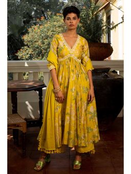 Paulmi & Harsh - Women Yellow Cotton Silk V-Neck Anarkali Kurta with Palazzo and Dupatta