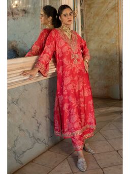 Paulmi & Harsh - Women Red Cotton Silk V-Neck Kurta with Palazzo