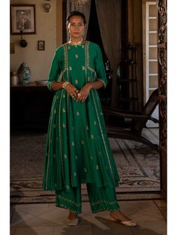 Paulmi & Harsh - Women Green Chiniya Silk Round Neck Kurta with Pant